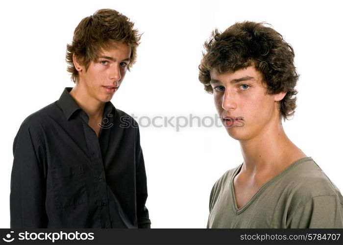 two young men standing, on a white background