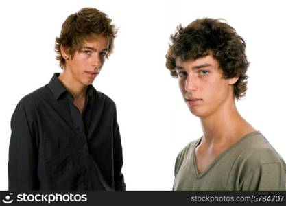 two young men standing, on a white background