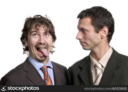 two young silly business men portrait on white