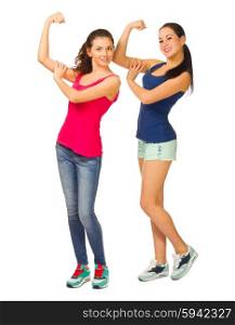 Two young sporty smiling girls isolated