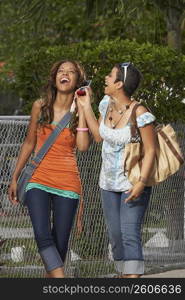 Two young women holding a mobile phone and laughing