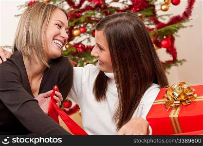 Two young women in front of Christmas tree smiling