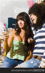 Two young women looking at pictures on cell phone
