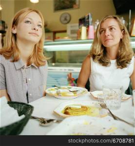 Two young women sitting in a restaurant