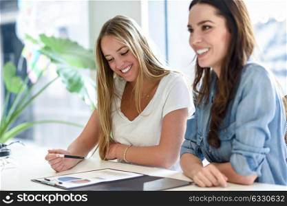 Two young women studying graphics on white desk. Beautiful girls working toghether wearing casual clothes.