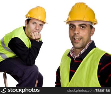 two young workers in a white background