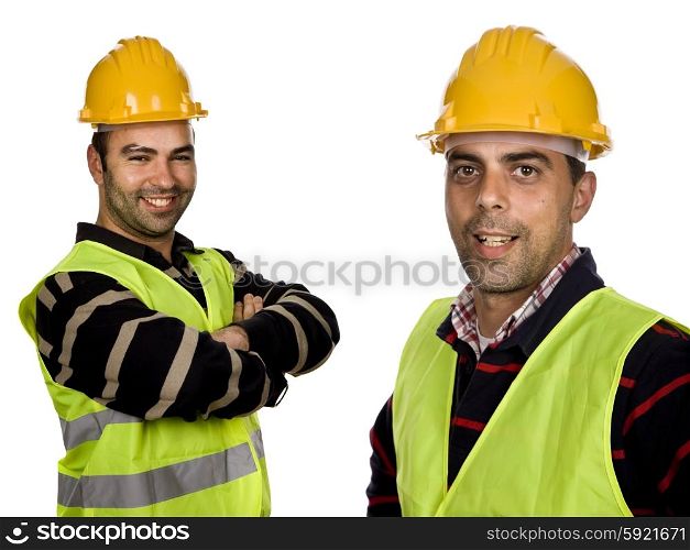 two young workers in a white background