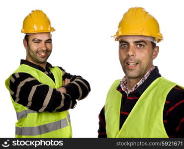 two young workers in a white background