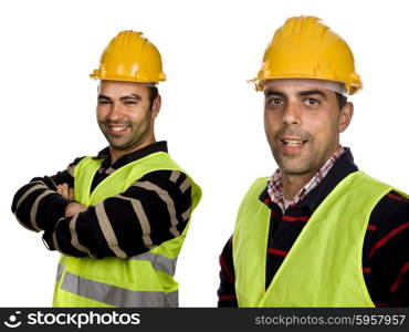 two young workers in a white background