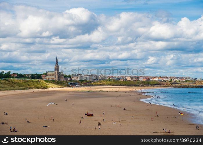 Tynemouth, England - August 2, 2018: Tynemouth Coastline with St George&rsquo;s Church in the background