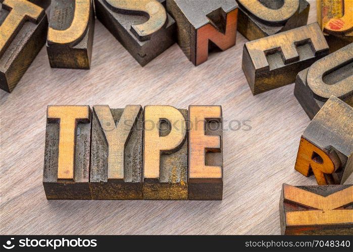 type word abstract in vintage letterpress wood type printing blocks