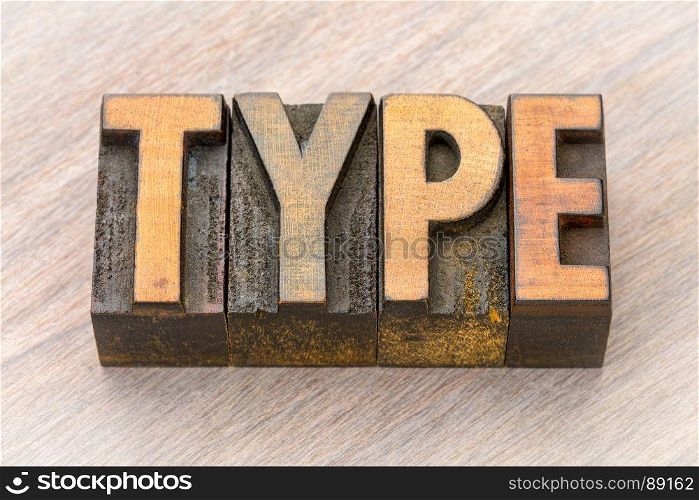 type word abstract in vintage letterpress wood type printing blocks