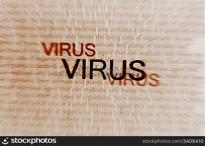 Typed text Virus on paper and texts about viruses on background