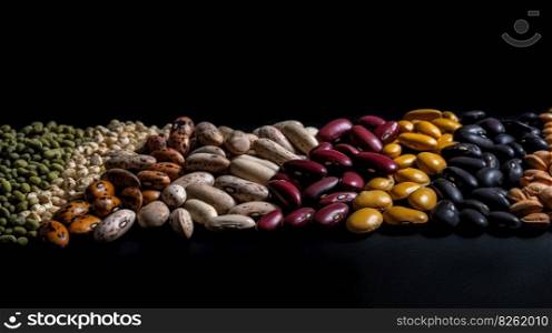 Types of beans in bulk. Farm fresh product. Black background, isolate. Header banner mockup with copy space. AI generated.. Types of beans in bulk. Farm fresh product. Black background, isolate. AI generated.