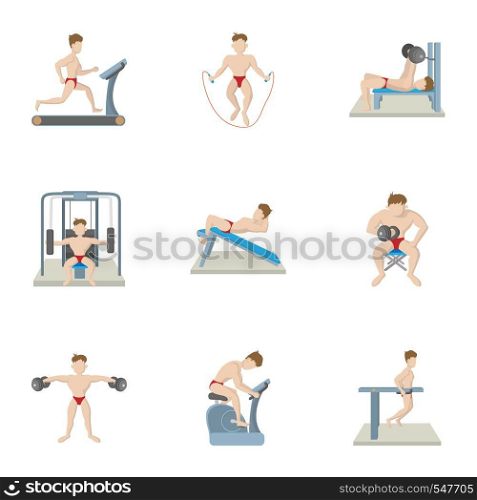 Types of exercises in gym icons set. Cartoon illustration of 9 types of exercises in gym vector icons for web. Types of exercises in gym icons set, cartoon style