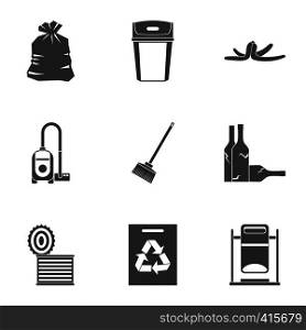 Types of waste icons set. Simple illustration of 9 types of waste vector icons for web. Types of waste icons set, simple style