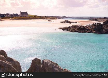 typical Brittany coast at the Tregastel in the north of France. Phare de Men Ruz