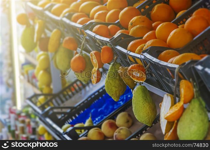 Typical citrus fruits of Sicily on sale in a market street of Taormina