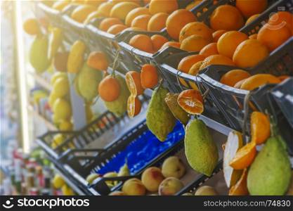 Typical citrus fruits of Sicily on sale in a market street of Taormina