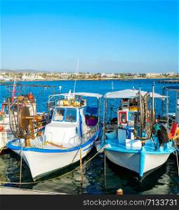 Typical colorful fishing boats moored in Paphos city harbor, sunlight, Cyprus