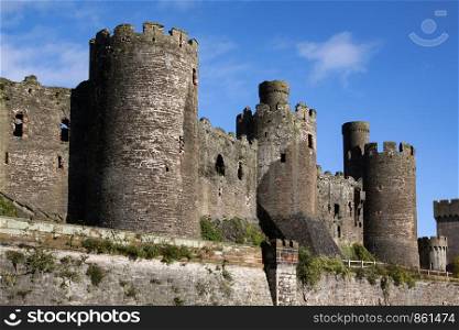 Typical English fortress and castle with round tower from the Middle Ages