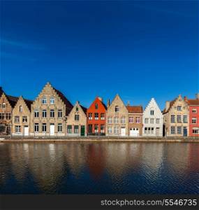 Typical European Europe cityscape view - canal and medieval houses. Bruges (Brugge), Belgium