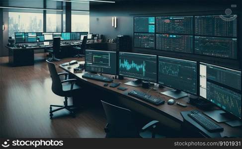 Typical financial office, with rows of desks and computer screens. Terminal, with the financial graphs. Generative AI.. Typical financial office, with rows of desks and computer screens. Terminal, with the financial graphs. Generative AI