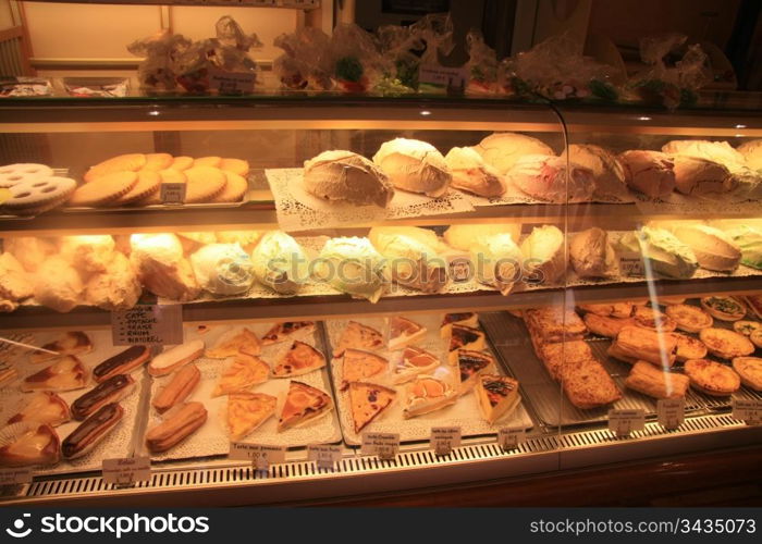 Typical french pastry on display in a small bakery