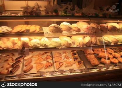 Typical french pastry on display in a small bakery