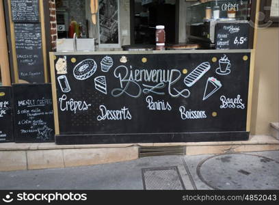 Typical french restaurant showing the menu of the day