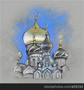 Typical golden orthodox church domes. Picture made by pastel. Typical orthodox church domes