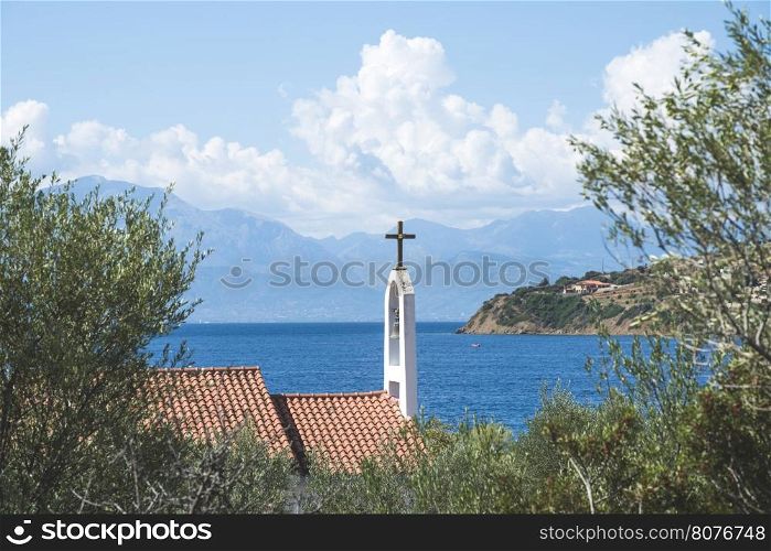Typical Greek church. Sea on the background. Greece
