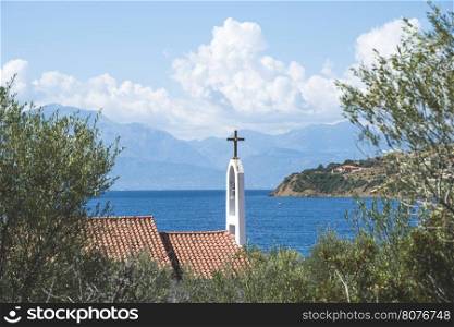 Typical Greek church. Sea on the background. Greece