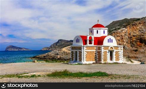 typical greek churches . small church on the beach, Crete island, Greece
