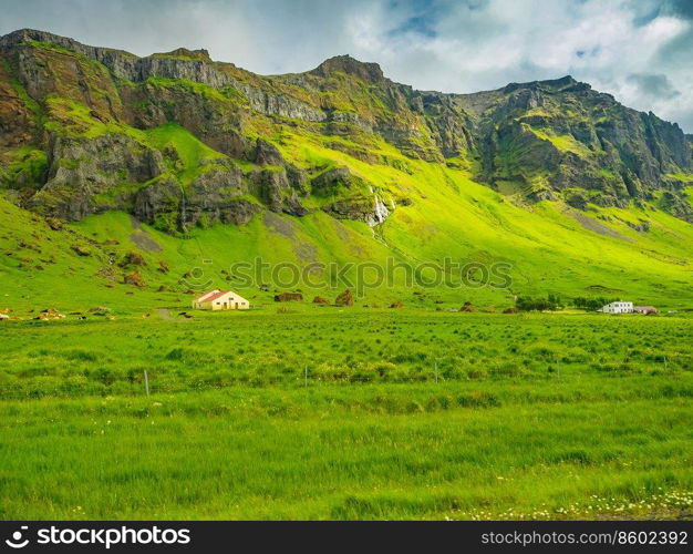 Typical icelandic summer landscape with mountain, waterfalls, green field, cows and barn