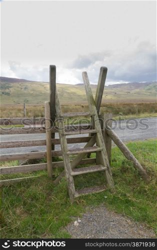 Typical ladder stile, over dry stone wall, Snowdonia National Park, Gwynedd, Wales, United kingdom.