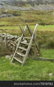 Typical ladder style, over dry stone wall, Snowdonia National Park, Gwynedd, Wales, United kingdom.
