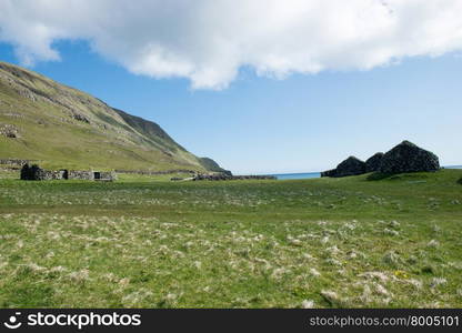 Typical landscape on the Faroe Islands, with green grass and rocks