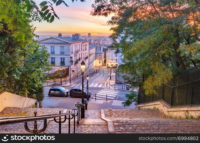 Typical Montmartre staircase to Sacre-Coeur in the morning at sunrise, quarter Montmartre in Paris, France. Montmartre staircase, Paris, France