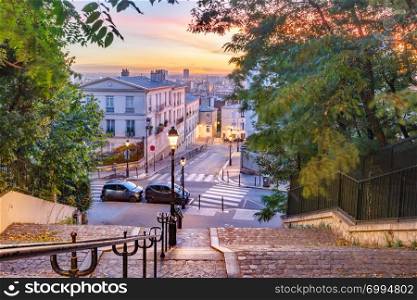 Typical Montmartre staircase to Sacre-Coeur in the morning at sunrise, quarter Montmartre in Paris, France. Montmartre staircase, Paris, France