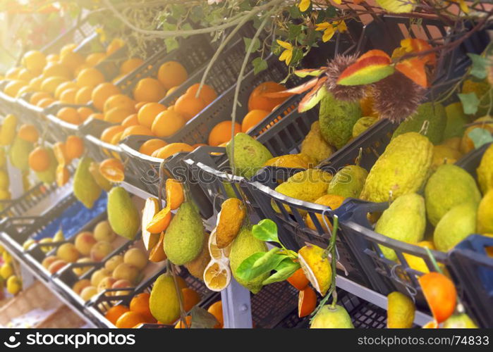 Typical products of Sicily on sale in a market street of Taormina