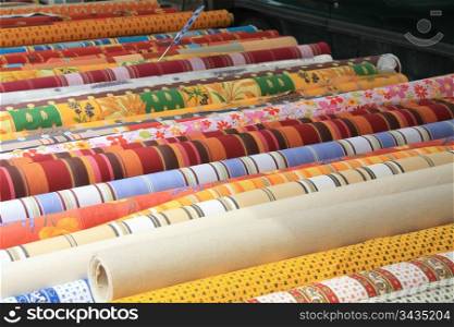 Typical Provencal patterns on rolls of cotton on a local market