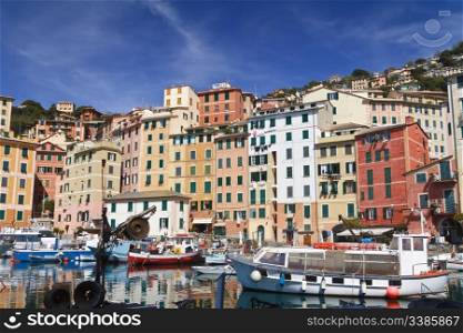typical small port with fishing boats in Camogli, Italy