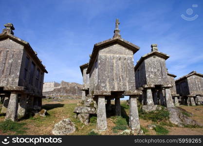 Typical stone corn driers, called Espigueiros in Lindoso, north of Portugal.