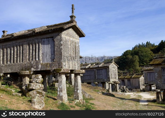 Typical stone corn driers, called Espigueiros in Lindoso, north of Portugal.