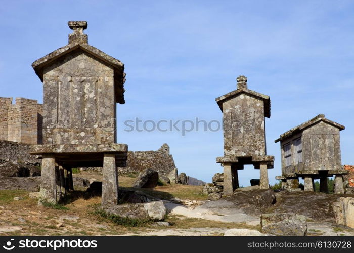 Typical stone corn driers, called Espigueiros in Lindoso, north of Portugal.