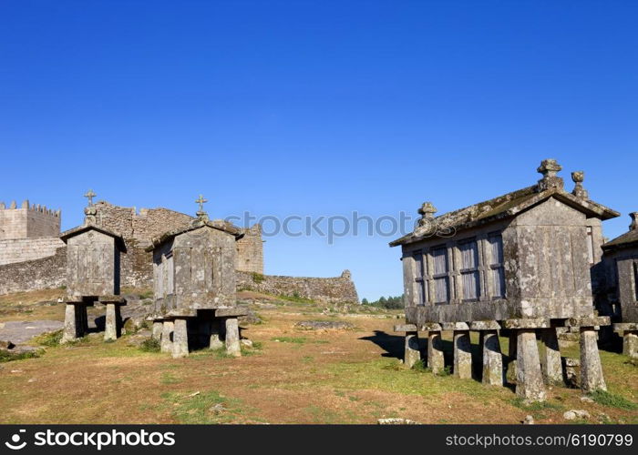 Typical stone corn driers, called Espigueiros in Lindoso, north of Portugal.