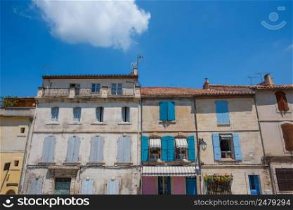 Typical traditional south French mediteranian house facades at summer day
