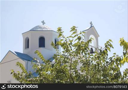 Typical white and blue Greek church. Greece