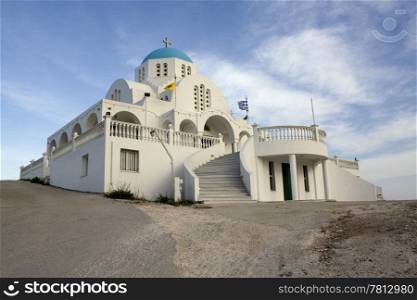 Typical white and blue Greek orthodox church in Keratea, near Athens, Greece.